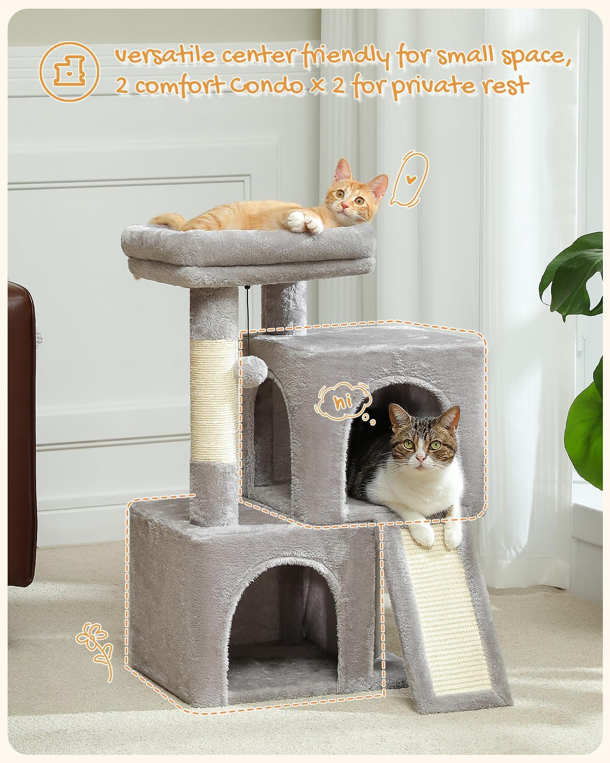 PAWZ Road Cat Tree, 30 Inches Cat Tower with Dual Condos for Indoor Cats, Plush Cat House with