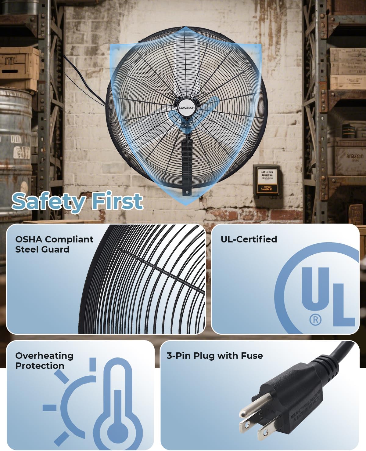 30 inch Wall Mount Fan Oscillating, 3-Speed 8850 CFM High Velocity Industrial Wall Mounted Fan