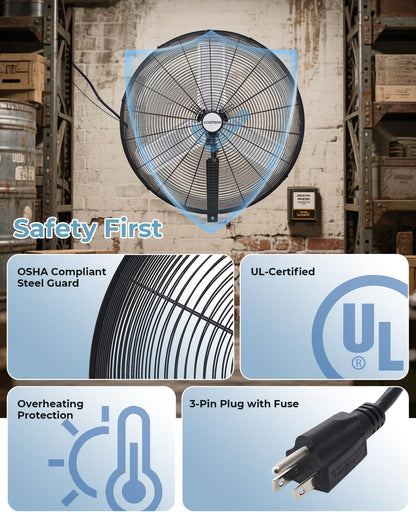 30 inch Wall Mount Fan Oscillating, 3-Speed 8850 CFM High Velocity Industrial Wall Mounted Fan