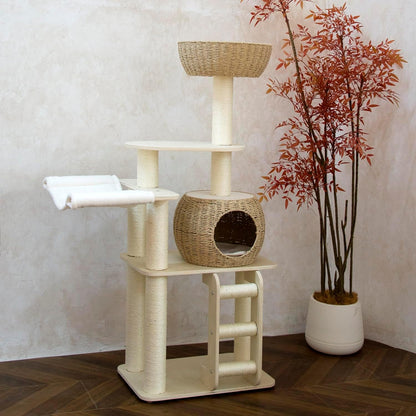 54 Inch Cat Tree for Indoor Cats, Tall Wooden Cat Tower with Scratching Posts, Rattan Condo and