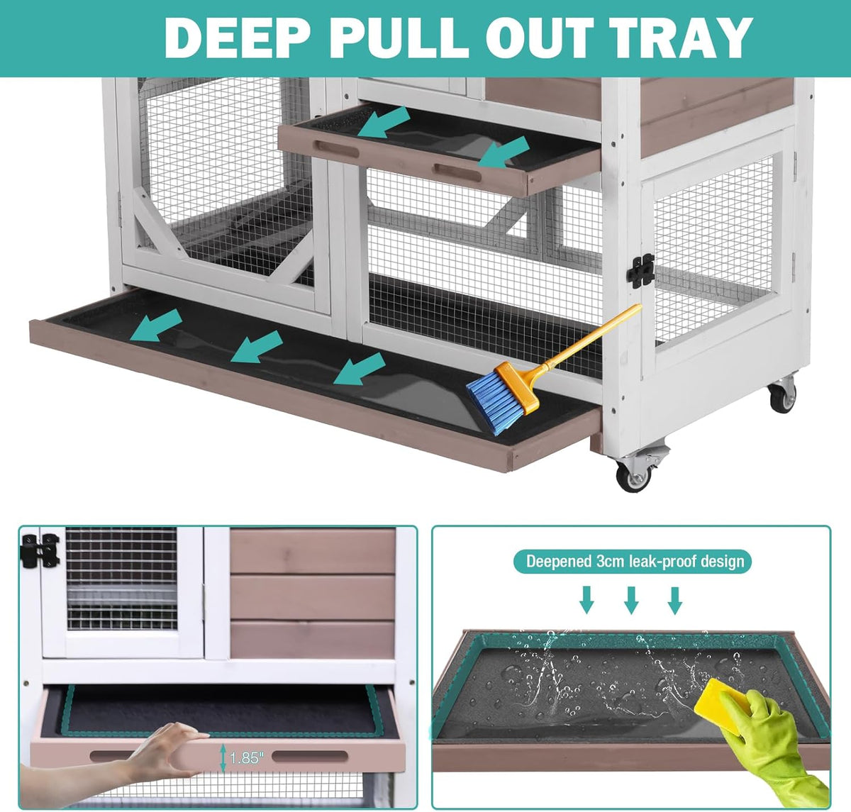 Rabbit Hutch Indoor for 2-4 Rabbits & Guinea Pigs，Bunny Cage with Slide-Out Plastic Trays，Wooden