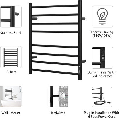 KEG Towel Warmer Wall Mounted with Built-in Timer 8 Bars Electric Stainless Steel Heated Towel