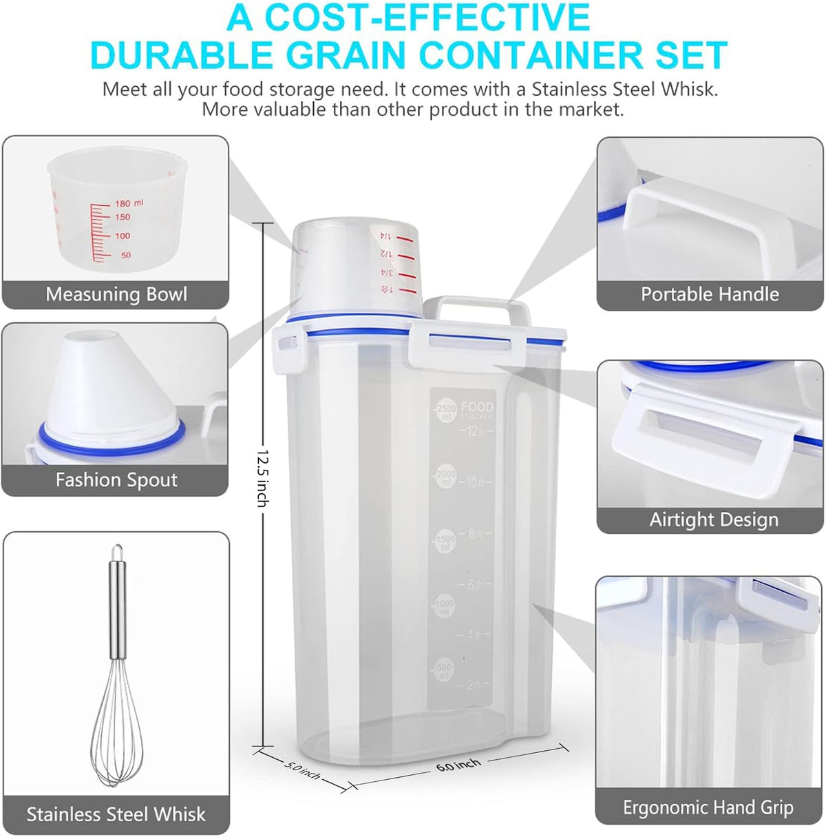 Rice Airtight Dry Food Storage Containers, BPA Free Plastic Sealed Holder Bin Dispenser with