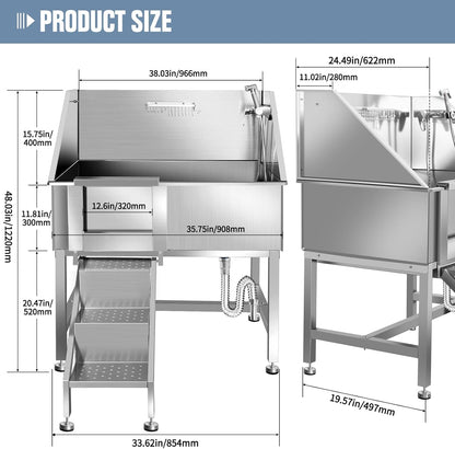 38" Dog Bathing Station, Professional Dog Washing Station Stainless Steel Dog Grooming Tub for