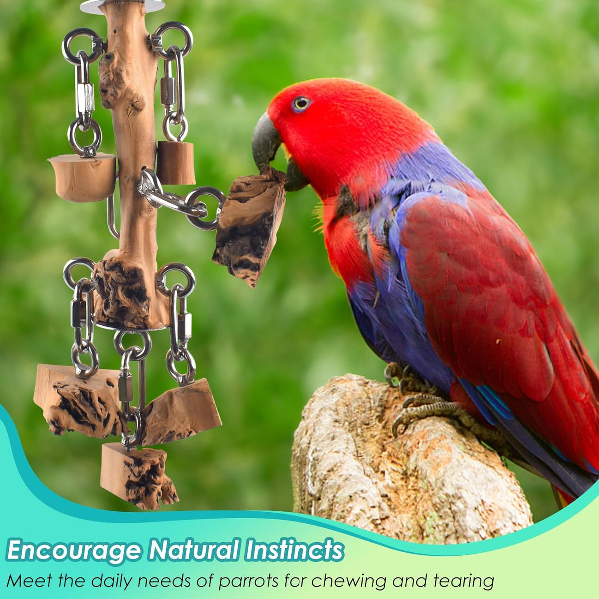 Bird Toys for Parrots, Durable Wooden Large Birds Toy with Stainless Steel, Hanging Natural Chew