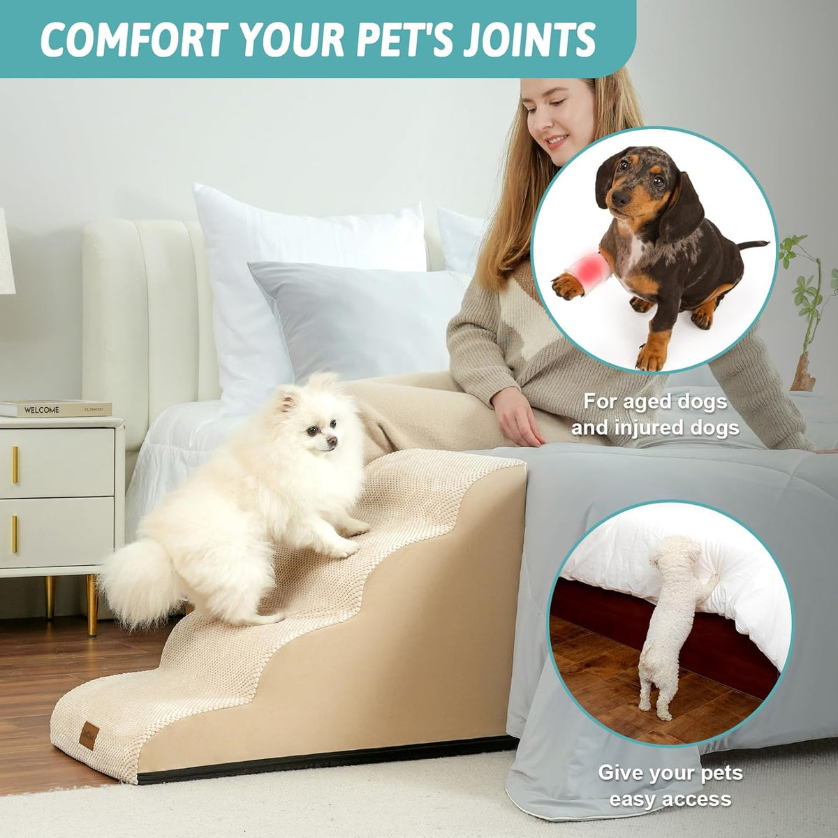 Dog Stairs for Small Dogs 19.7" H, Curved Dog Step for Puppy, Older or Cat, Medium Pet Ramp for