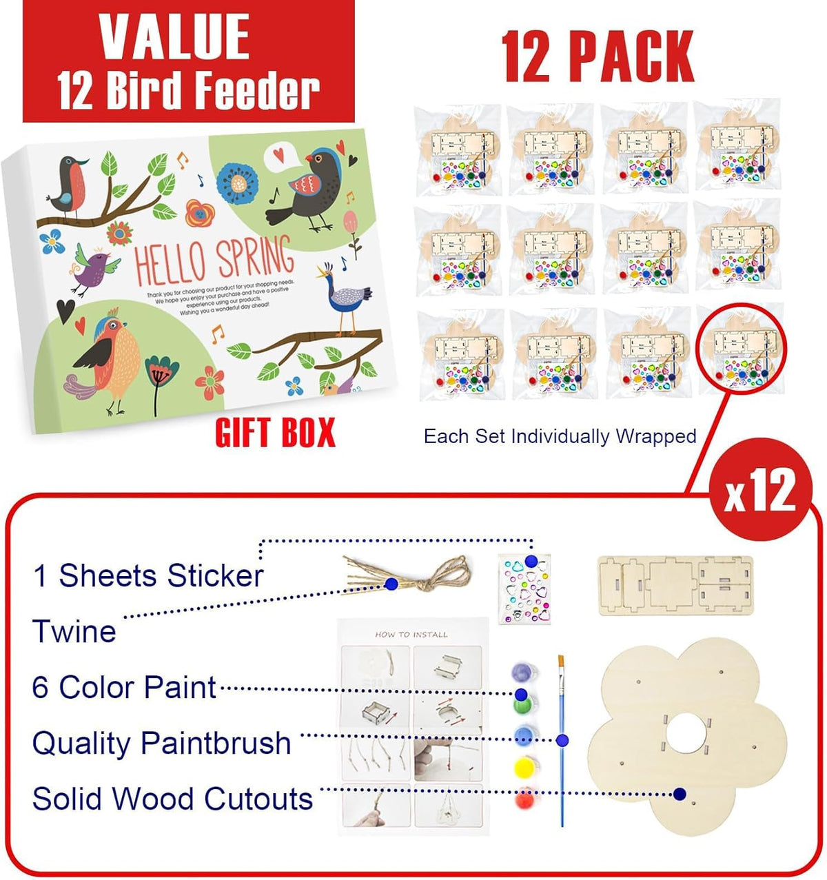 12 Pack Bird Feeder Craft Kits for Kids Ages 3-5 4-8 8-12, DIY Wooden Art Painting Outdoor Bulk