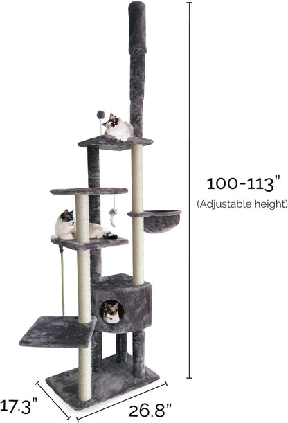 Furhaven 100"-113" Tall Cat Tree for Indoor Cats w/ Adjustable Height, Ft. Sisal Scratching Posts