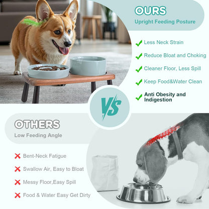 SPUNKYJUNKY Ceramic Elevated Dog Bowls with Slow Feeder Raised with Acacia Bamboo Wooden Stand