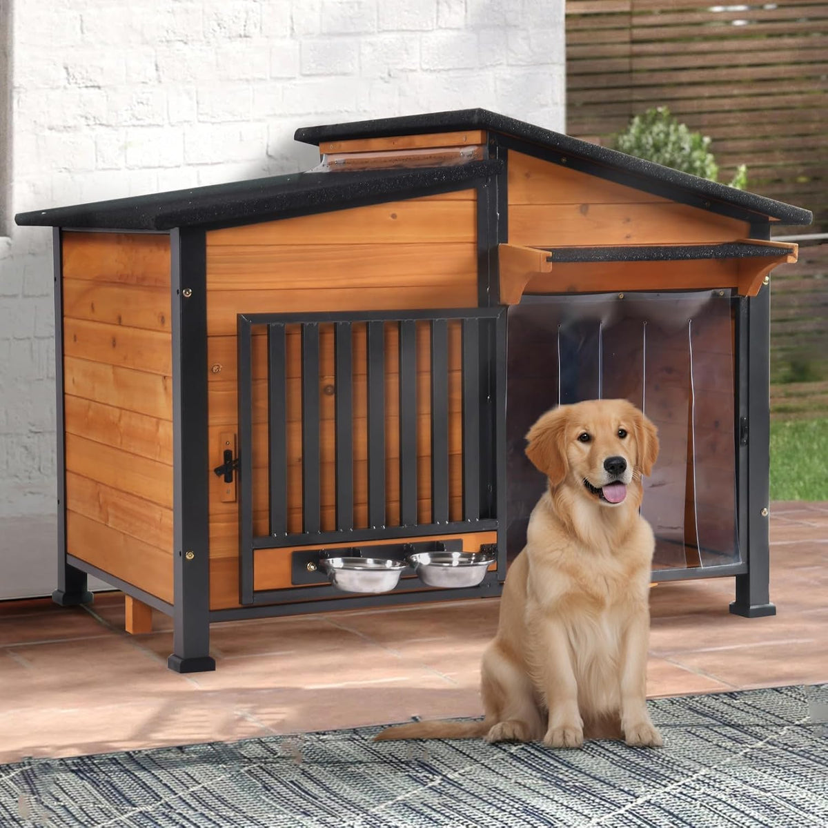 Chew-Resistant Dog House with Metal Frame, Wooden Kennel for Indoor & Outdoor Use, Waterproof Roof