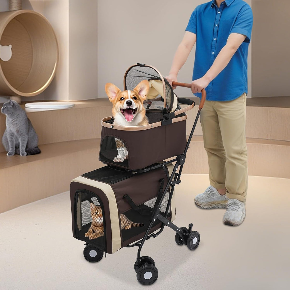 Double Pet Stroller with Detachable Carriers, Large Cat & Dog Stroller with 4 Wheels, Foldable Pet