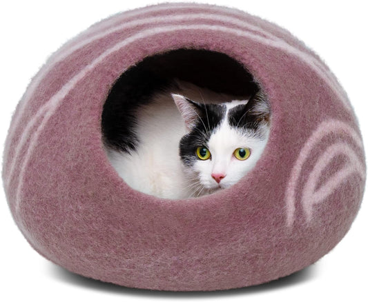 MEOWFIA Cat Cave – Premium Felt Cat Bed for Indoor Cats, Handmade 100% Merino Wool (Gold Rose