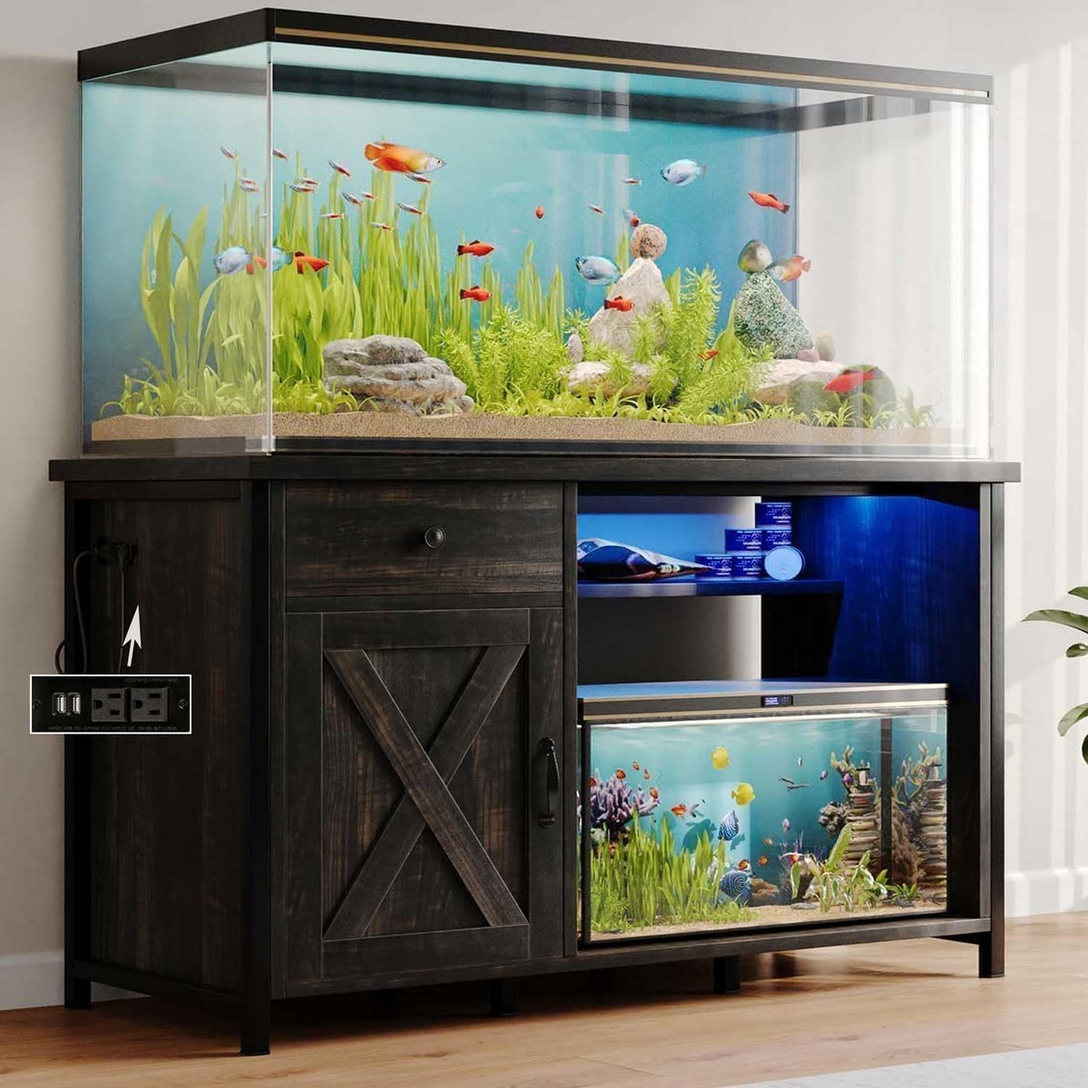 4ever2buy 55 Gallon Fish Tank Stand with LED Light & Power Outlets, 55-75 Gallon Aquarium Stand