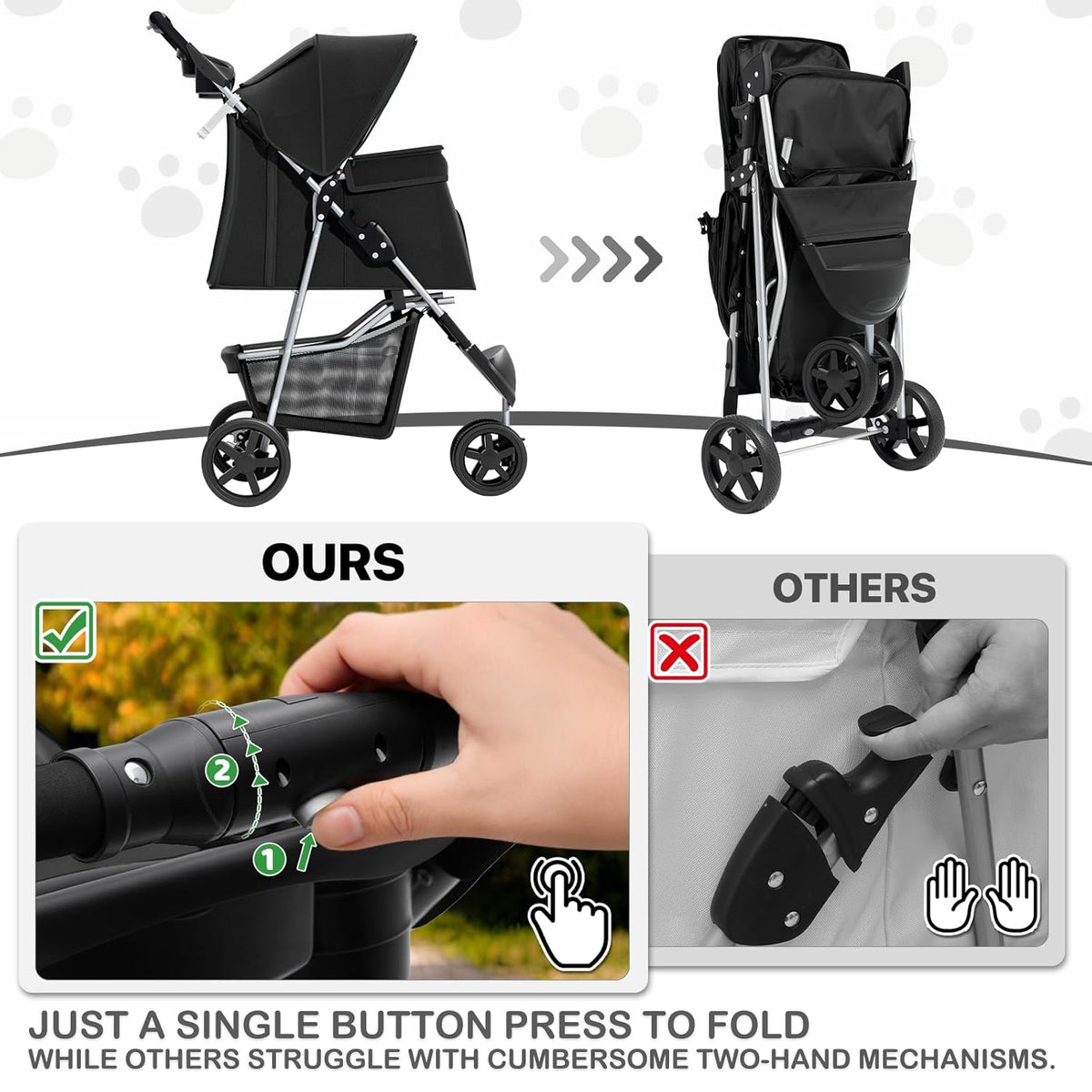 MoNiBloom Foldable Pet Stroller with Weather Cover, 3 Wheels Pet Strolling Cart for Small/Medium