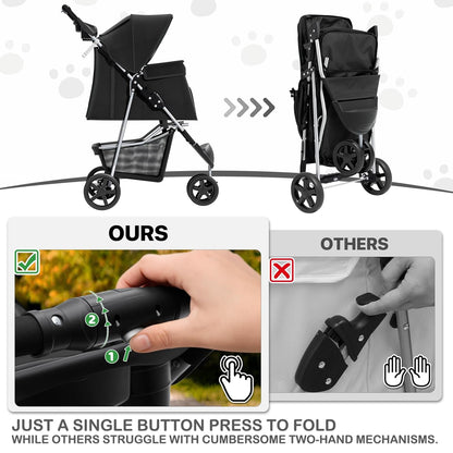 MoNiBloom Foldable Pet Stroller with Weather Cover, 3 Wheels Pet Strolling Cart for Small/Medium