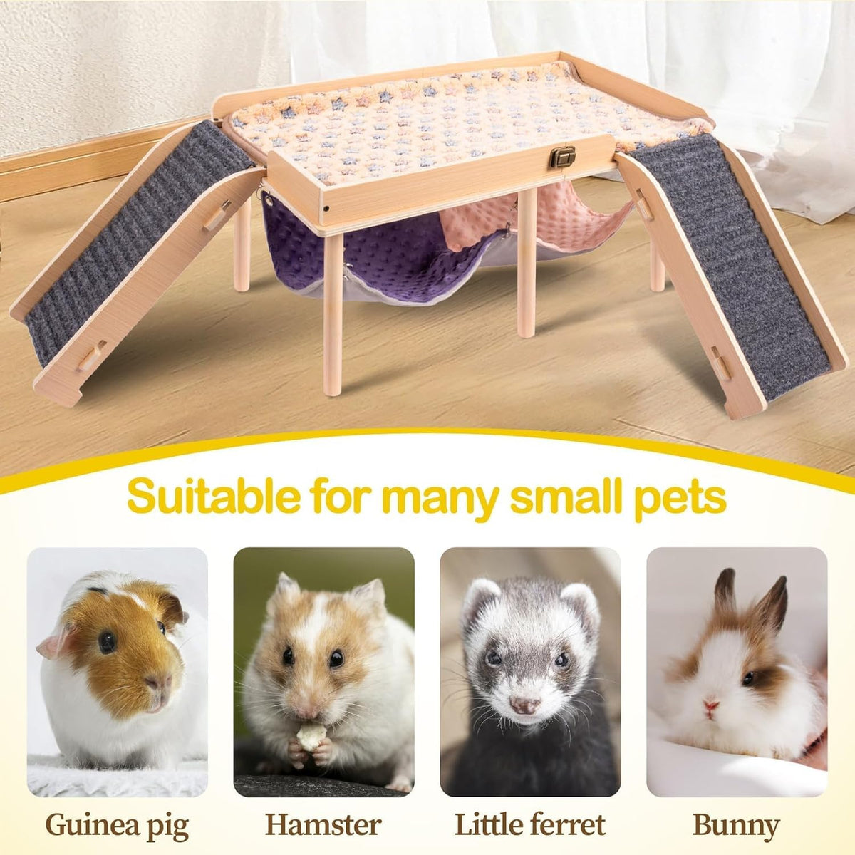 Enlarged Guinea Pig Hammock with Platform and Stairs,Wooden Foldable Piggies Hideout for Guinea