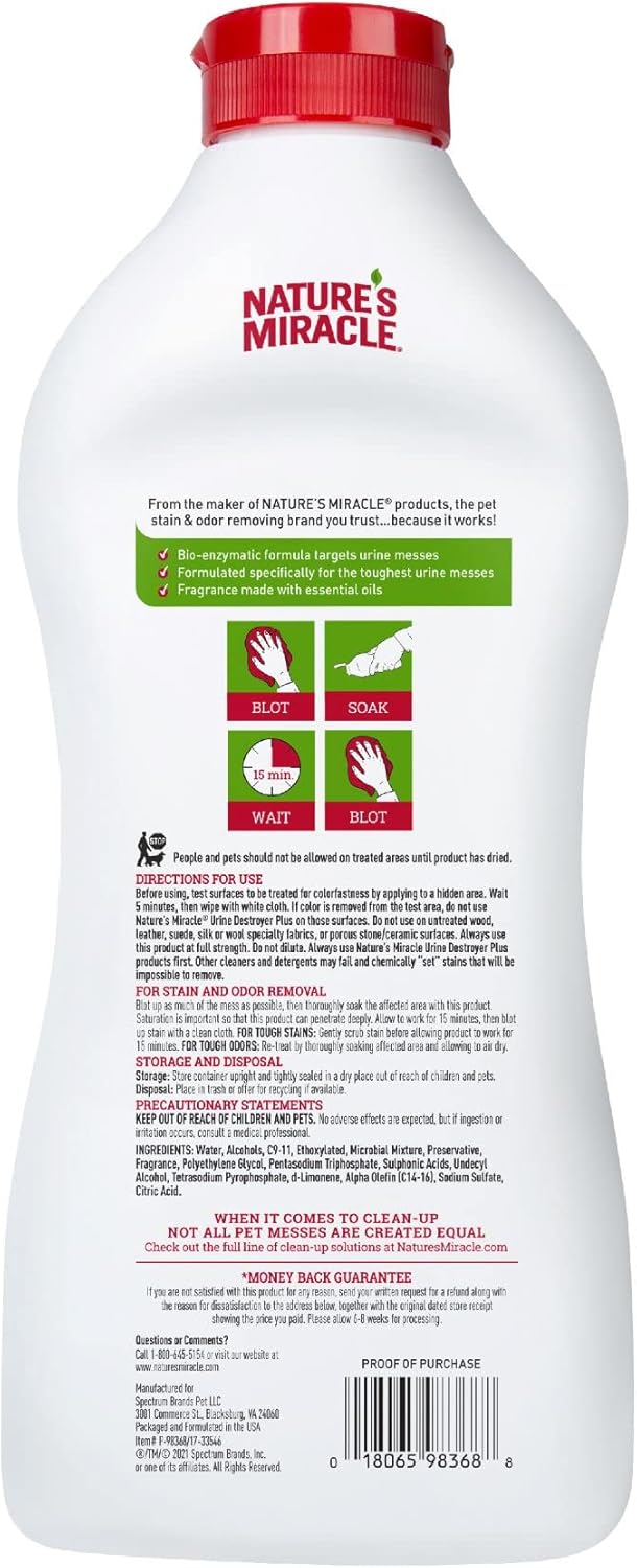 Nature's Miracle Urine Destroyer Plus for Dogs, Enzymatic Formula for Severe Dog Urine Stains, 32