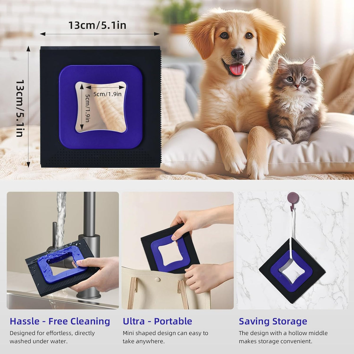 3 in 1 Mini Pet Hair Removal Tool, Dog and Cat Square Hair Remover for Car Detailing Supplies
