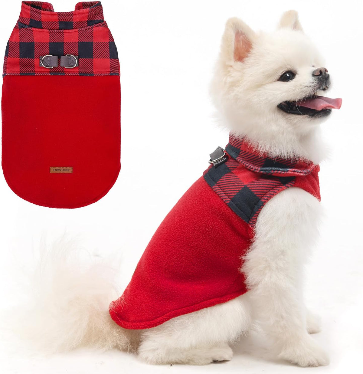 EXPAWLORER Fleece Dog Sweater - Classic Plaid Dog Jacket, Winter Coat Vest with 2 D-Rings for