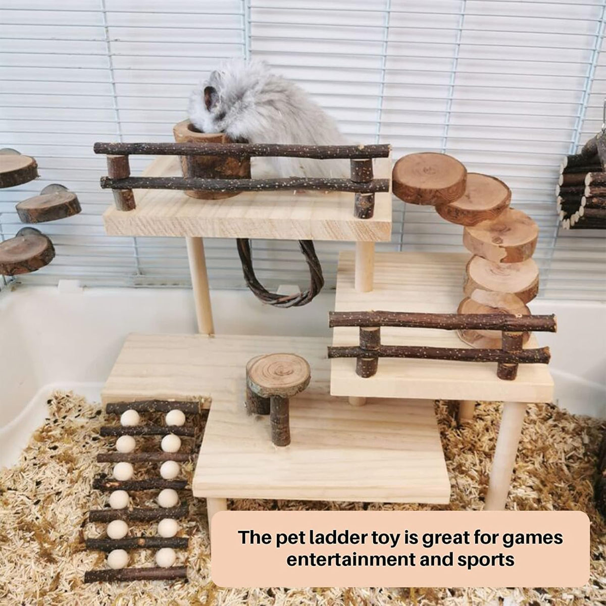 HOSUKKO Hamster Climbing Toys 3-Tier Extra Large Hamster Playground Natural Wooden Small Animal
