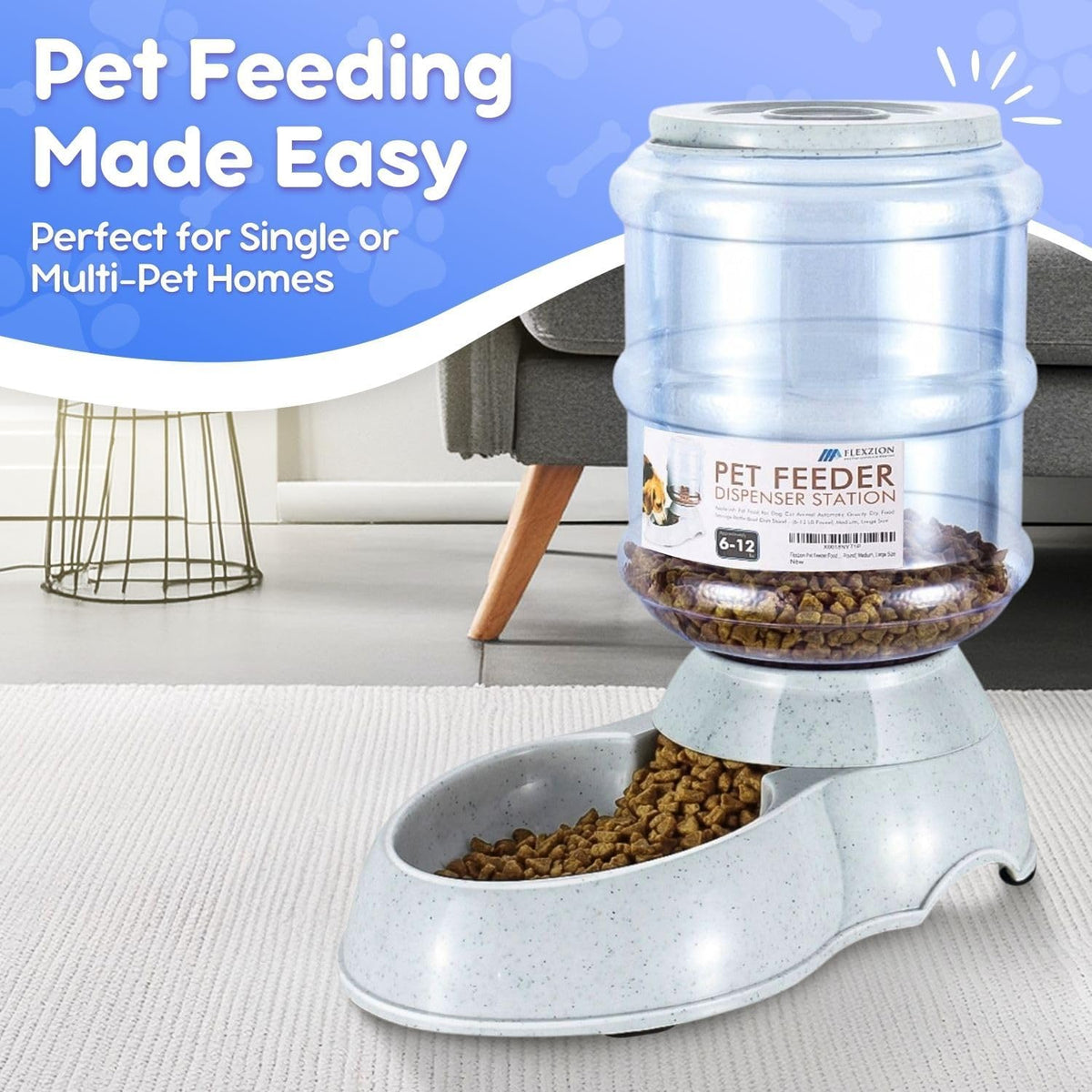 Flexzion Gravity Pet Feeder Food Dispenser (6-12 lb Size) Automatic Replenish Dry Food Storage