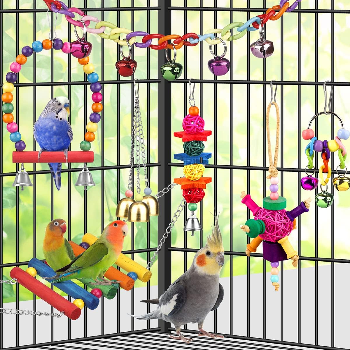Bird Toys for Conures with Colorful Ladder Hammock Bird Cage Accerious Bird Perch Stand Chewing