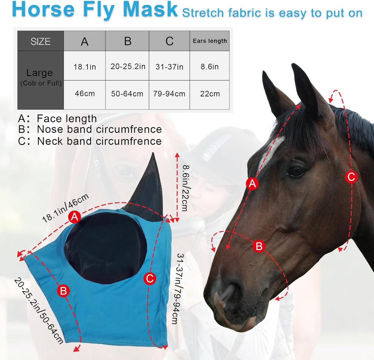 Horse Fly Mask with Ears, Comfortable Fit Stretch Fabric with UV Protection Soft on Skin