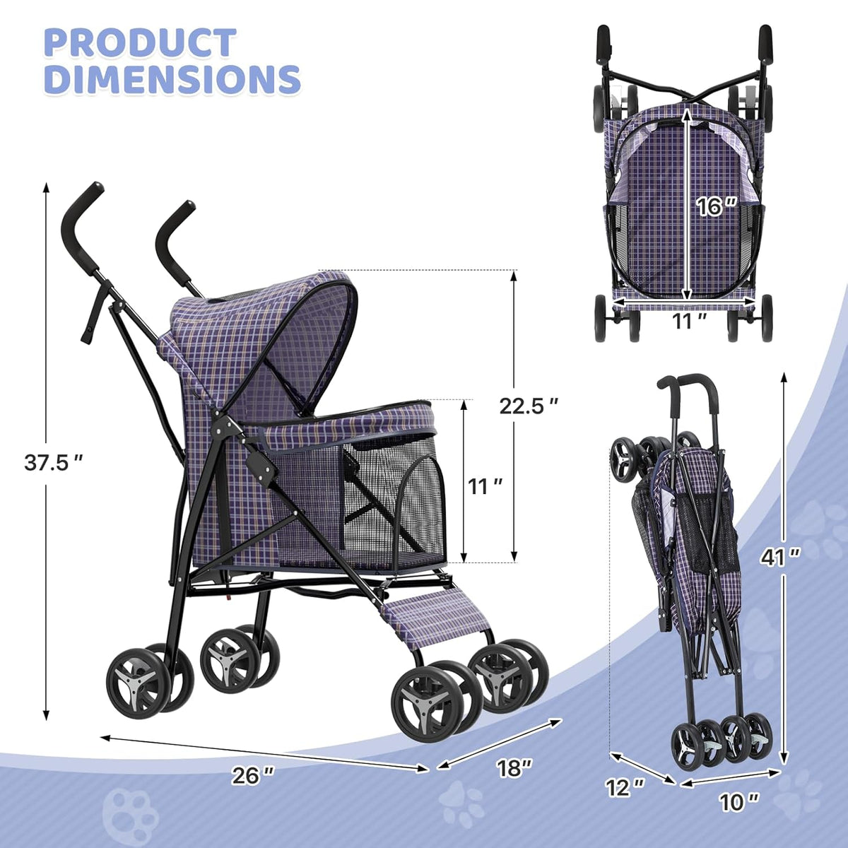 Magshion Compact Pet Stroller for Small-Medium Dogs/Cats up to 22lbs, 4-Wheel Lightweight Umbrella