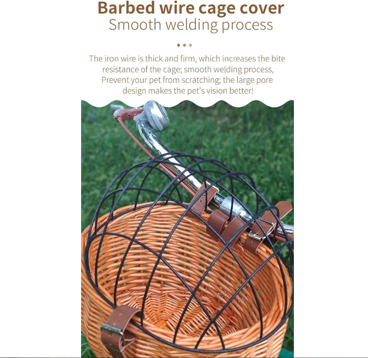 Bike Pet Basket, Wicker Bike Basket for Small Dogs Cats Pet Carrier Front Basket with Wire Mesh