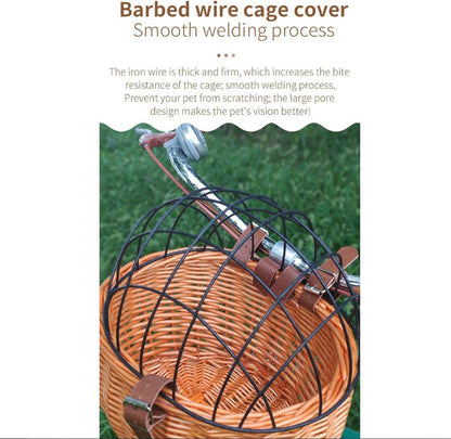 Bike Pet Basket, Wicker Bike Basket for Small Dogs Cats Pet Carrier Front Basket with Wire Mesh