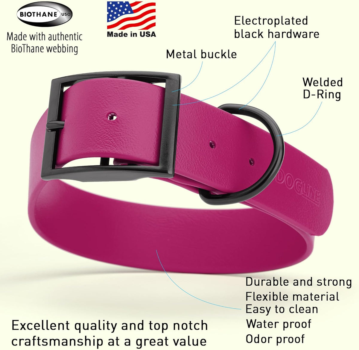 Dogline Biothane Waterproof Dog Collar Strong Coated Nylon Webbing with Black Hardware Odor- Proof