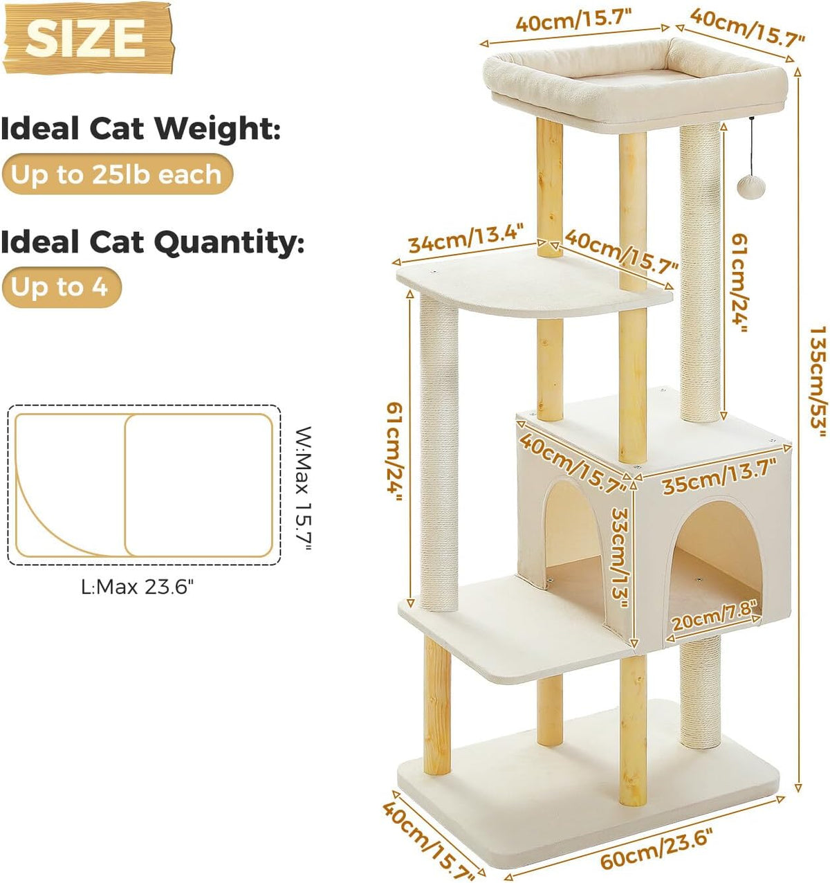 PAWZ Road Large Cat Tree, 53 Inches Modern Wooden Cat Tower for Indoor Large Cats, Multi-Level Cat