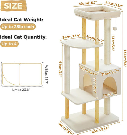 PAWZ Road Large Cat Tree, 53 Inches Modern Wooden Cat Tower for Indoor Large Cats, Multi-Level Cat