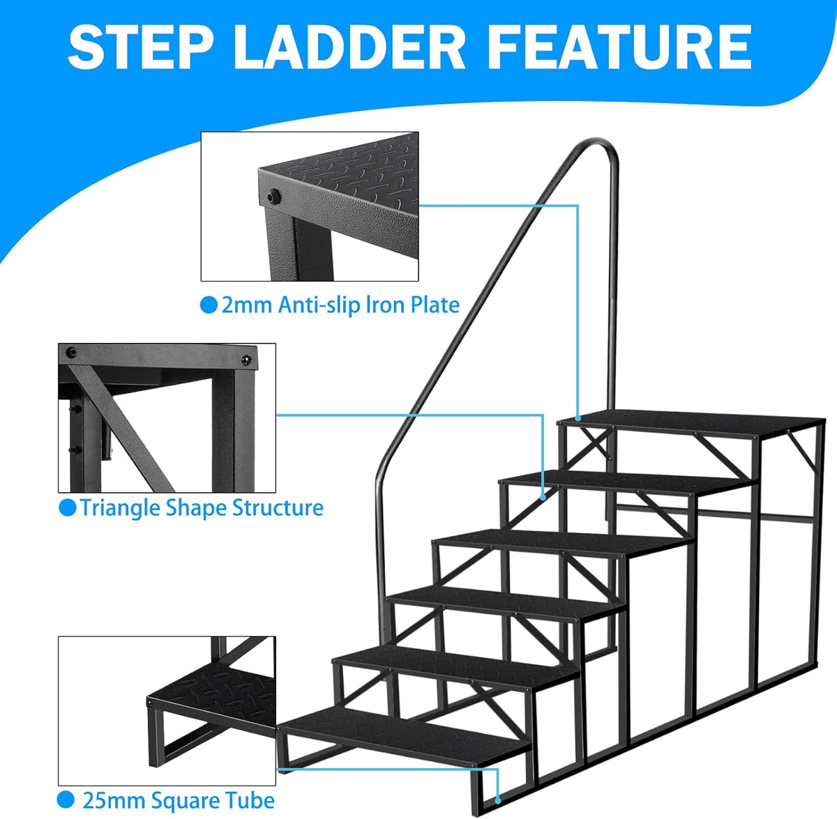 RV Stairs 6 Step Ladder, RV Steps Anti-Slip, Hot Tub Steps with Handrail, 660 lbs RV Ladder for 5th