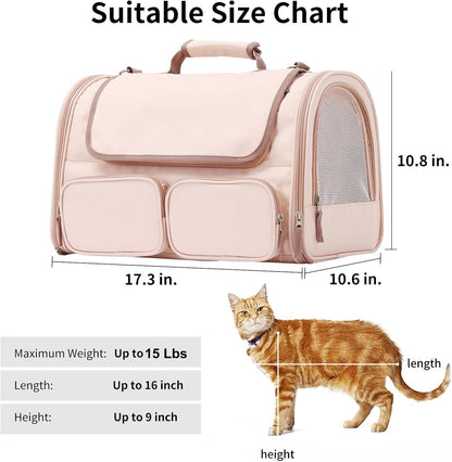 FUKUMARU Cat Carrier, 4 Mesh Windows Small Dog Carrier, 4 Storage Pockets Cat Travel Bag, Under 15