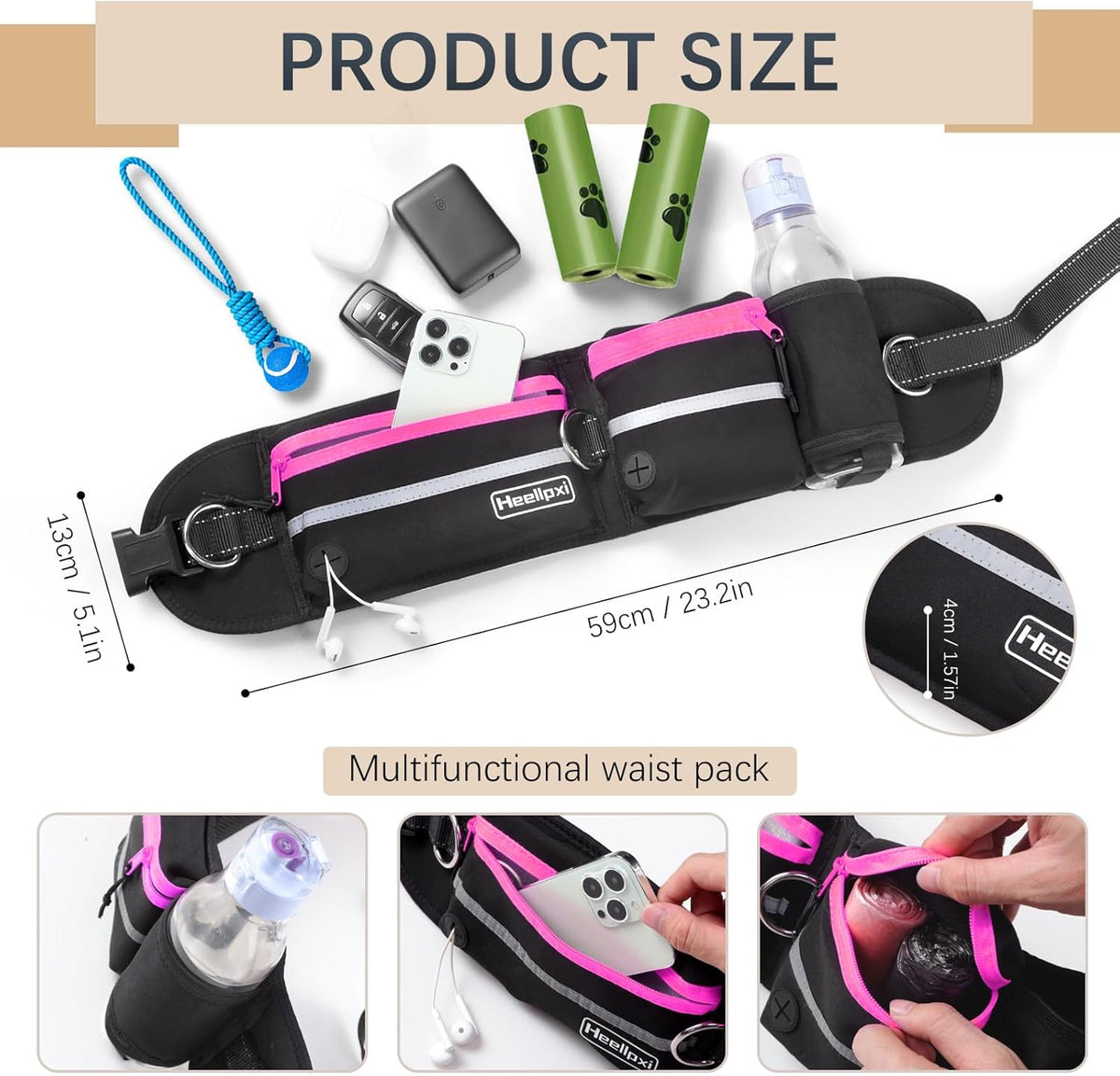 Hands-Free Dog Leash with Pouch, Waist Leash for Walking Two Dogs, Reflective Stitching, Dual