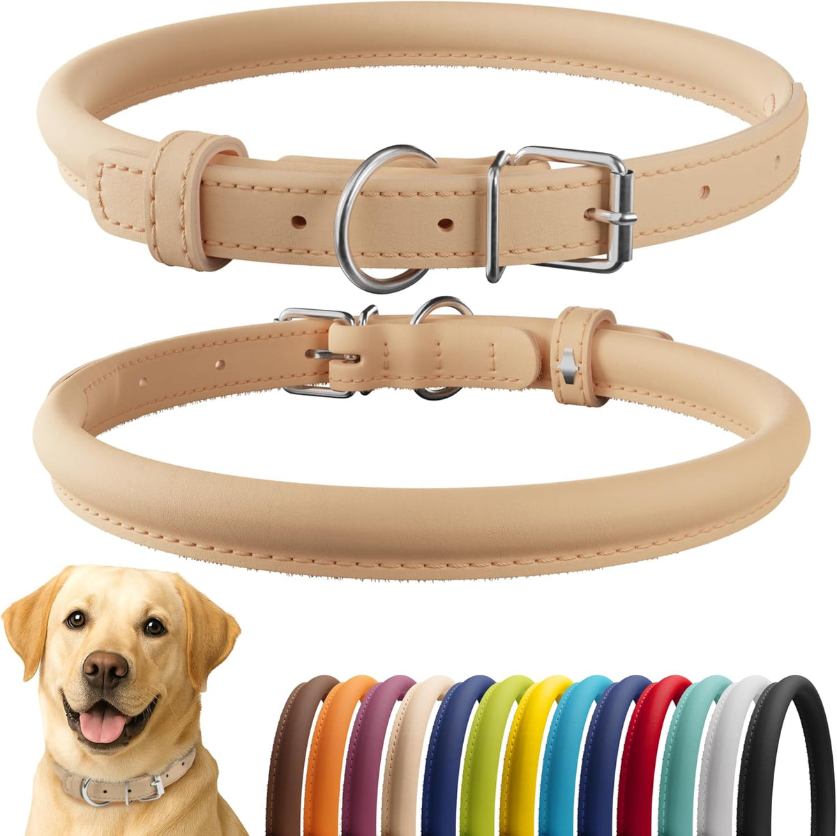 CollarDirect Rolled Leather Dog Collar, Soft Padded Round Puppy Collar, Handmade Genuine Leather