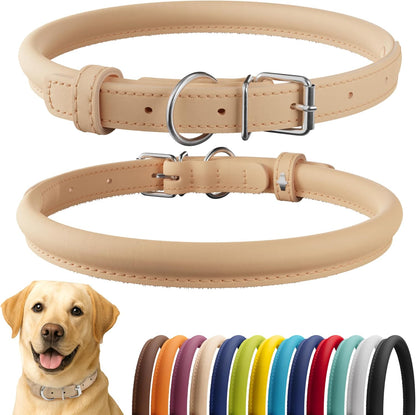 CollarDirect Rolled Leather Dog Collar, Soft Padded Round Puppy Collar, Handmade Genuine Leather