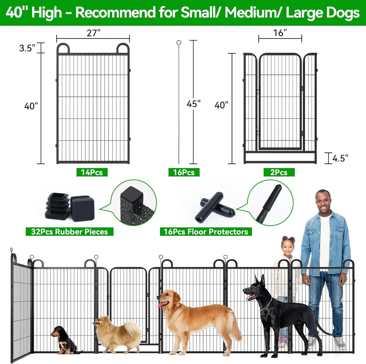 Dog Playpen Outdoor 16 Panels Heavy Duty Dog Fence 40" Height Anti-Rust with Doors Portable for RV