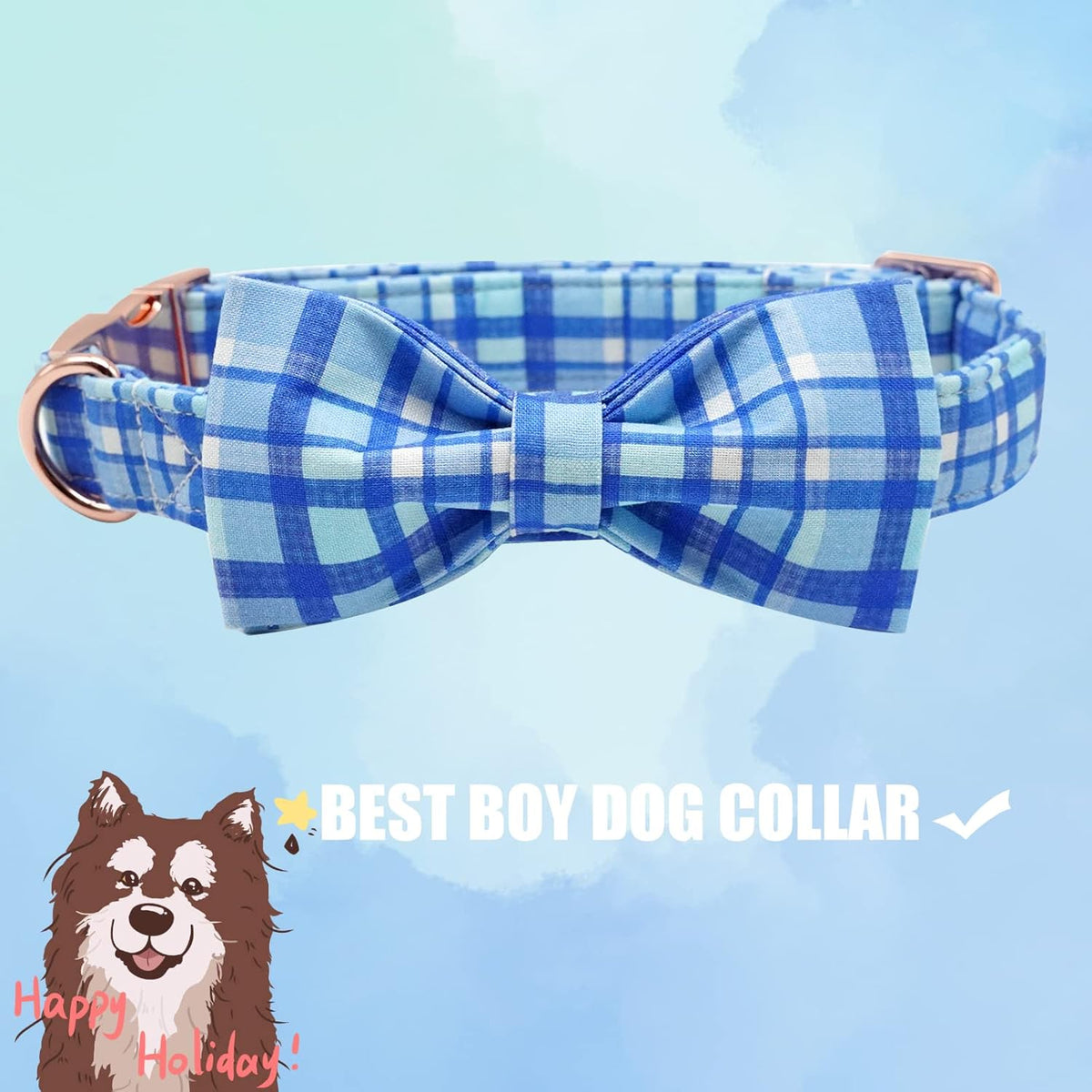 Elegant little tail Dog Collar with Bow - Blue Plaid Boy Dog Collar Cute Bowtie Pet Collar