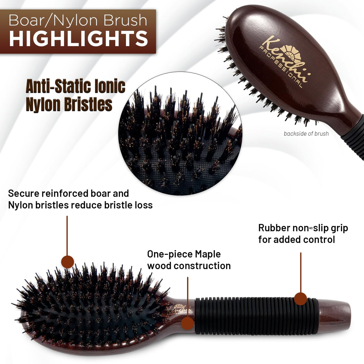 Kenchii Boar and Nylon Bristle Dog/Cat Grooming Brush with One-Piece Maple Body-Choose Size Large