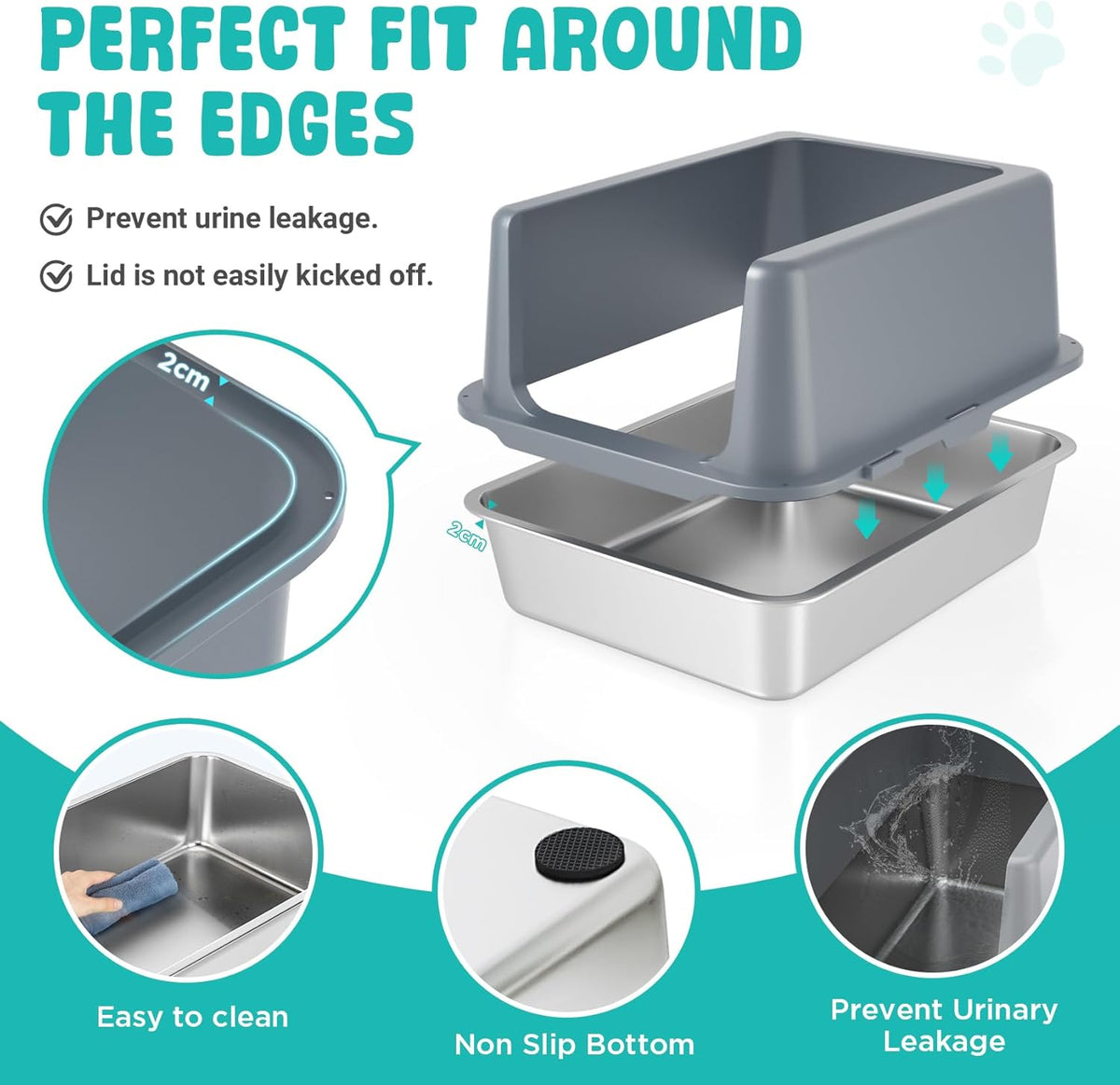Litter Box with Lid, Stainless Steel Litter Box, 10" Metal Litter Tray High Sides, Small Litter Pan