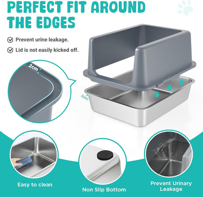 Litter Box with Lid, Stainless Steel Litter Box, 10" Metal Litter Tray High Sides, Small Litter Pan