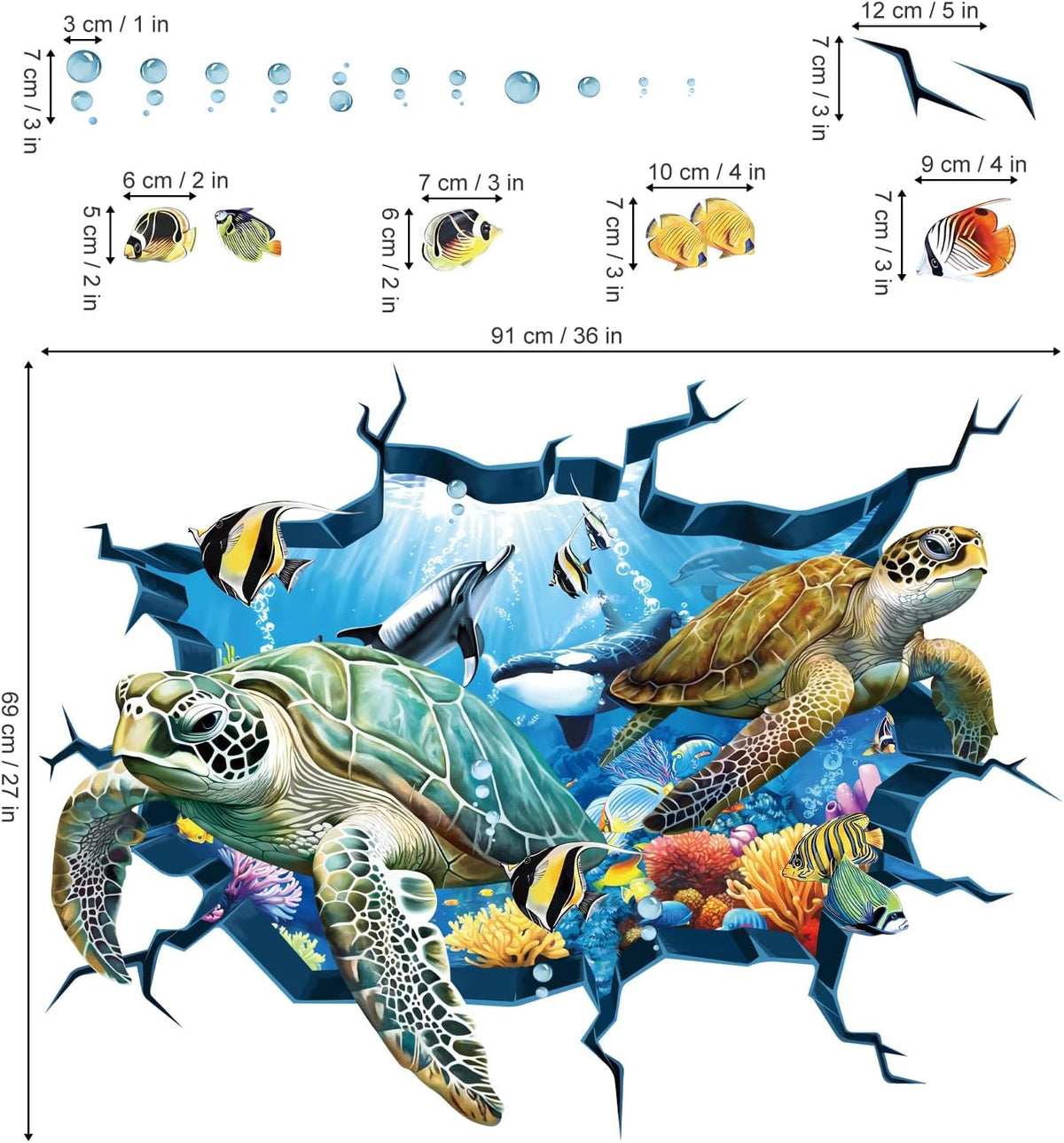 decalmile 3D Under The Sea Turtle Wall Decals Underwater Ocean Fish Broken Wall Stickers Kids