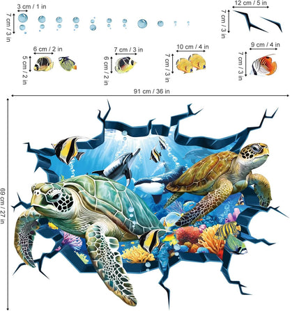 decalmile 3D Under The Sea Turtle Wall Decals Underwater Ocean Fish Broken Wall Stickers Kids