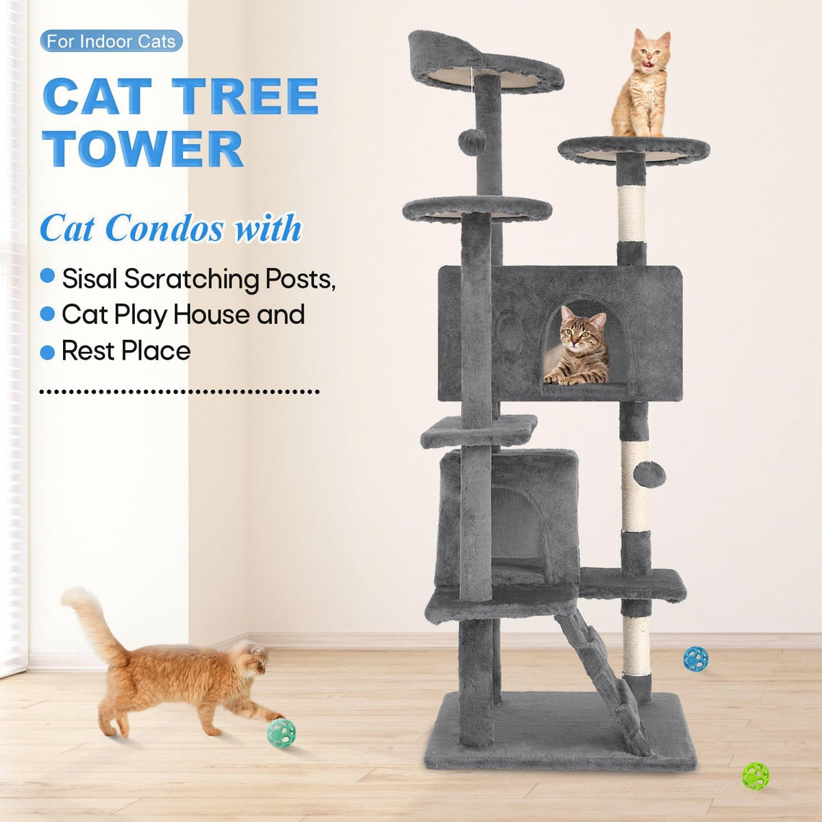 FDW Cat Tree 54in Cat Tower Multi-Level Durable Cat Scratching Post & Cozy Fun Cat Jumping Platform