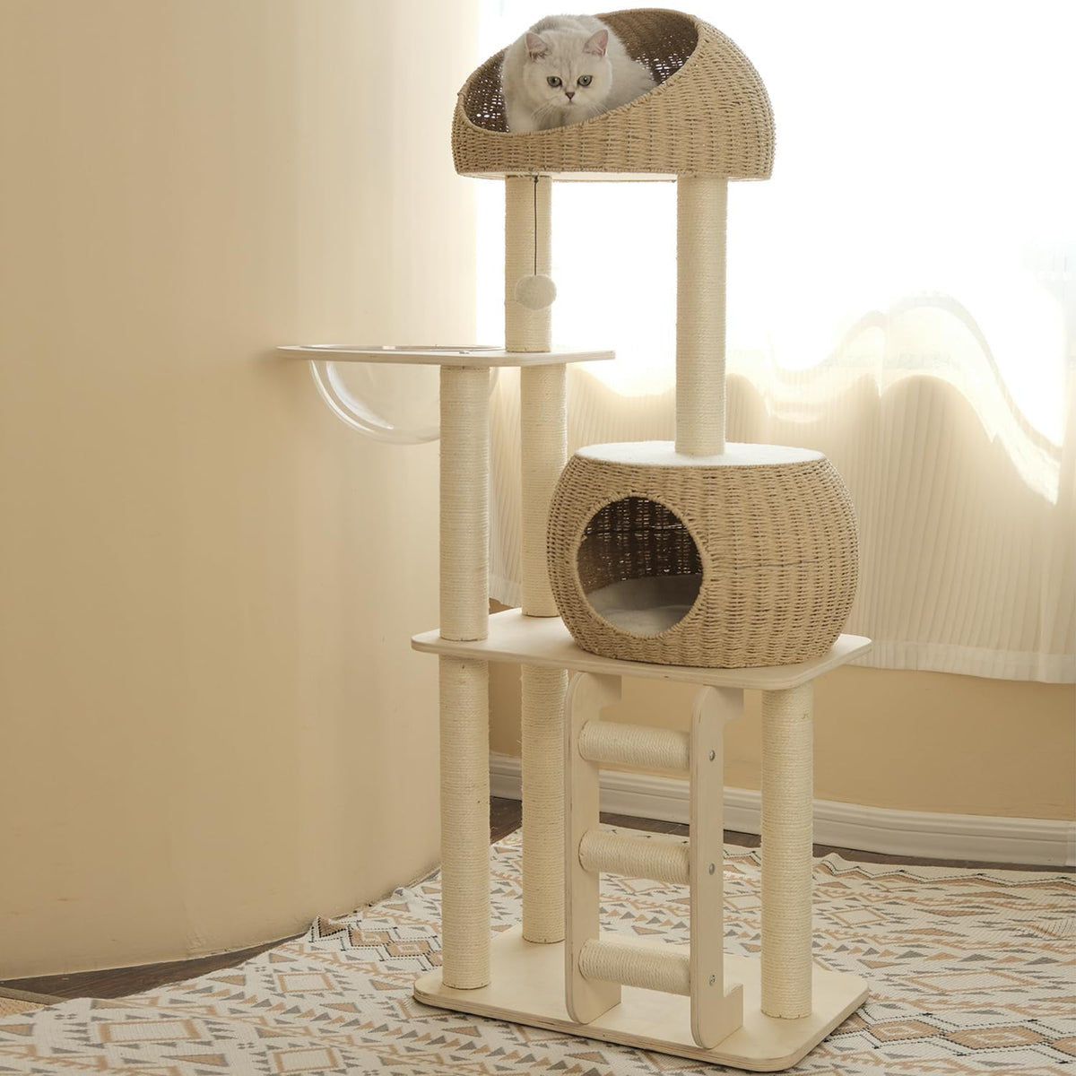 Rattan Cat Tree for Indoor Cats,Tall Cat Tree Tower with Cat Scratching Post,Wood Cat Tower for