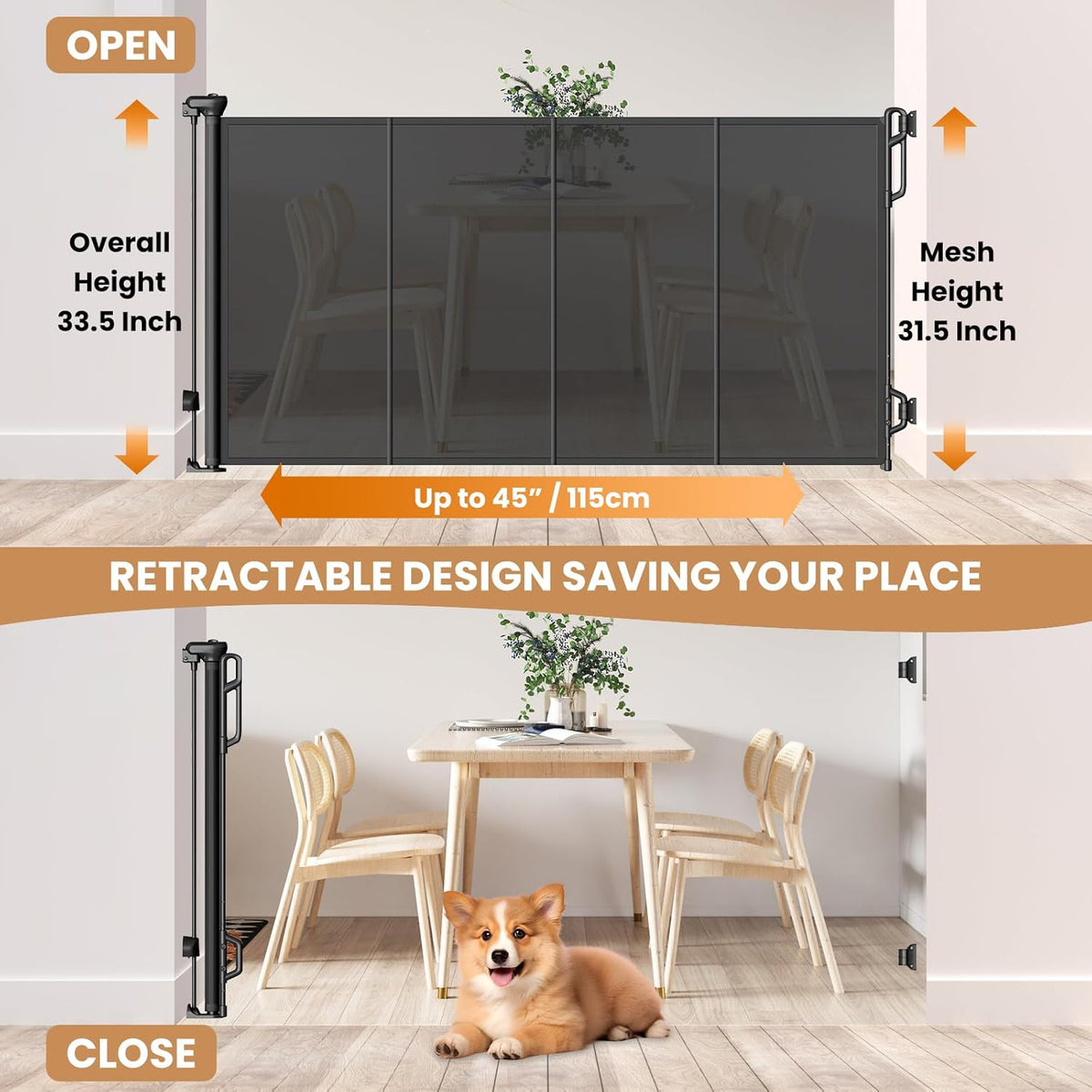 Reinforced Retractable Baby Gate or Mesh Dog Gate,Easy to Use for Stairs, Doorways, Hallways