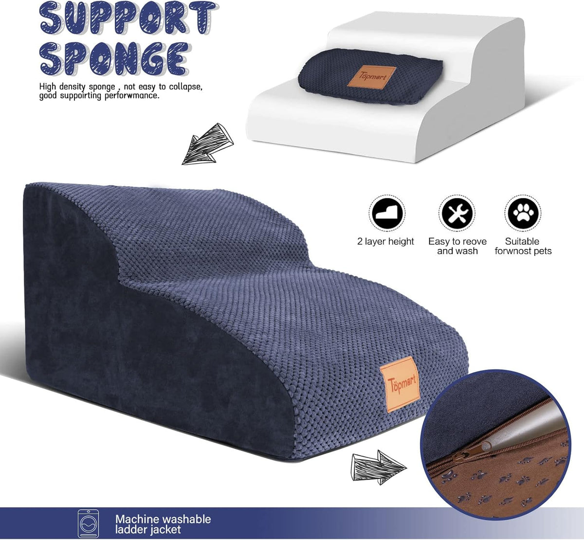 Topmart High Density Extended Foam Dog Ramp&Steps 2 Tiers,11.8" High,Non-Slip Dog Stairs,Soft Foam