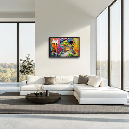 Large Graffiti Frog Wall Art for Living Room, Framed Oversized Funny Frog Beer Wall Decor Colorful